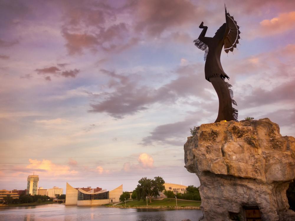Beautiful Sunset With Keeper Of The Plains In Wichita Kansas Wall Mural
