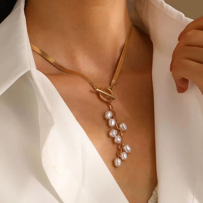 Tassel Drop Snake Chain Pearl Necklace