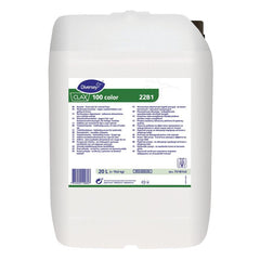 A white 20-liter plastic container containing Clax 100 Color 22B1 detergent booster from Diversey Deutschland GmbH & Co. OHG, with product details, the brand logo, and instructions for use on the front label.
