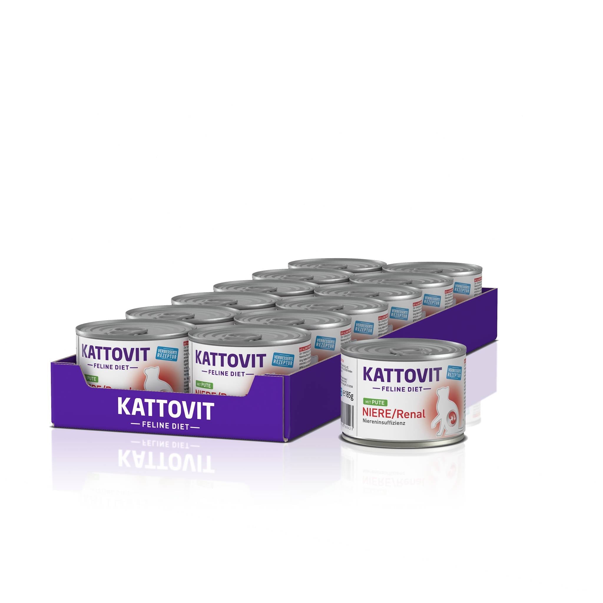 Mehrere Dosen Katzenfutter der Marke KATTOVIT in lila Verpackungen. Die Dosen sind speziell für Nierenpatienten und sind in der Geschmacksrichtung Pute.