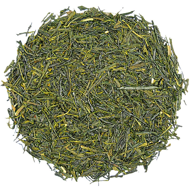 Ronnefeldt Gyokuro Tokiwa Grüner Tee 50g, getrocknete Blätter, dünne Streifen, natürliche Textur, Nahaufnahme, Japan.
