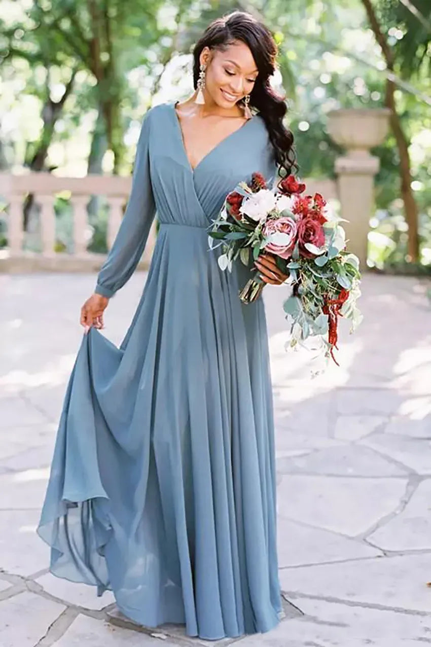Dusty Blue Bridesmaid Maternity Dresses Dusty Blue Bridesmaid Dresses:  Chiffon Long Sleeve Country Wedding