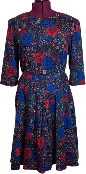 80's/90's Blue and Red Floral Paisley Pleated Dress by Studio