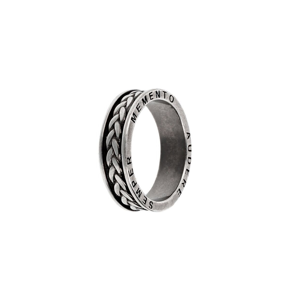 Zilverkleurige Albert M. ring met trendy ontwerp en gevlochten details.