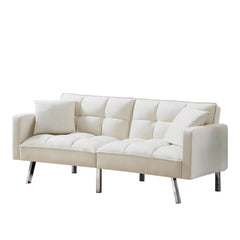 Beige Velvet Sleeper couch with two pillows