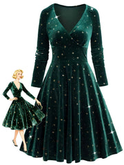 Abito in velluto con scollo a V e stelle verde scuro anni '40