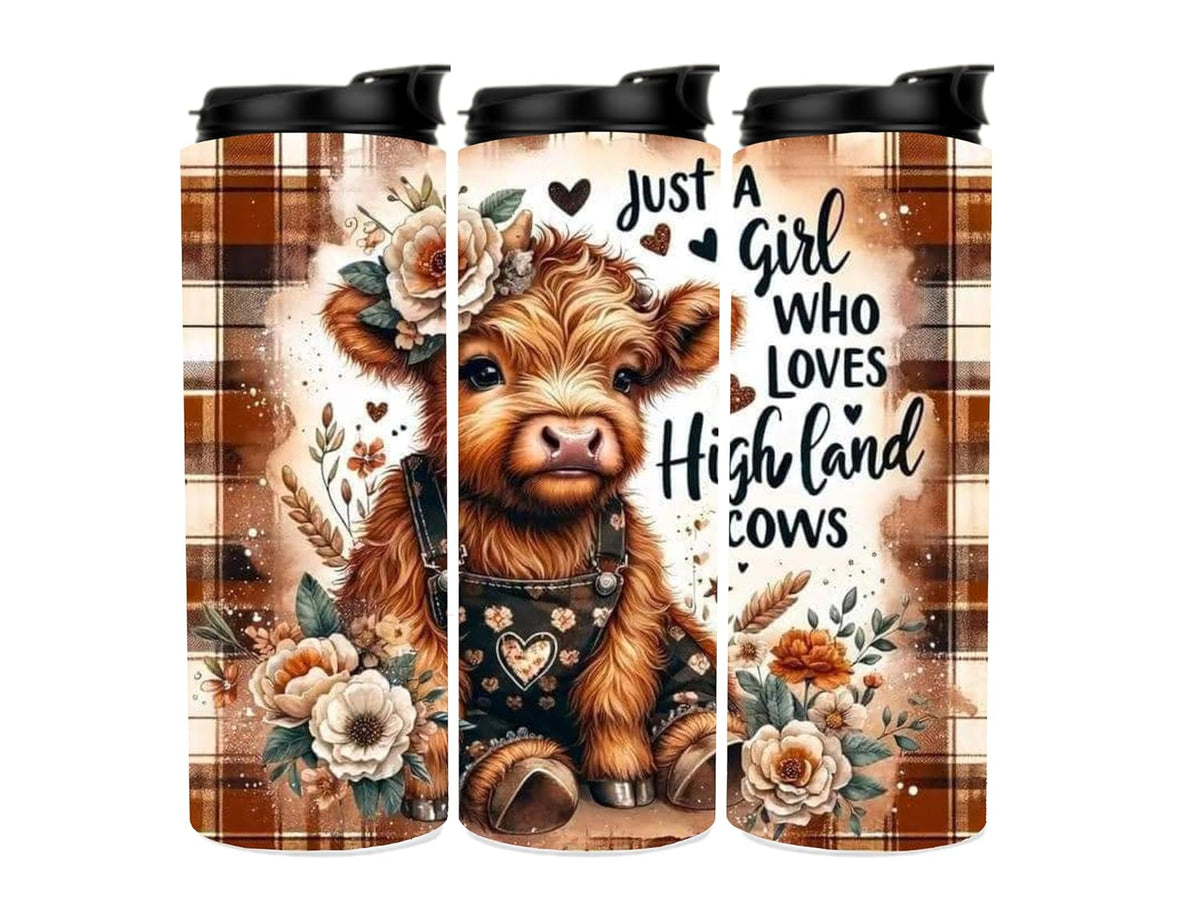 Just a Girl that Loves Highland Cows Custom Sports Tumbler Cup - 20 oz Stainless Steel Skinny Tumbler with Dual Opening ways for drinking, Built in Straw and Sipping option both on Lid