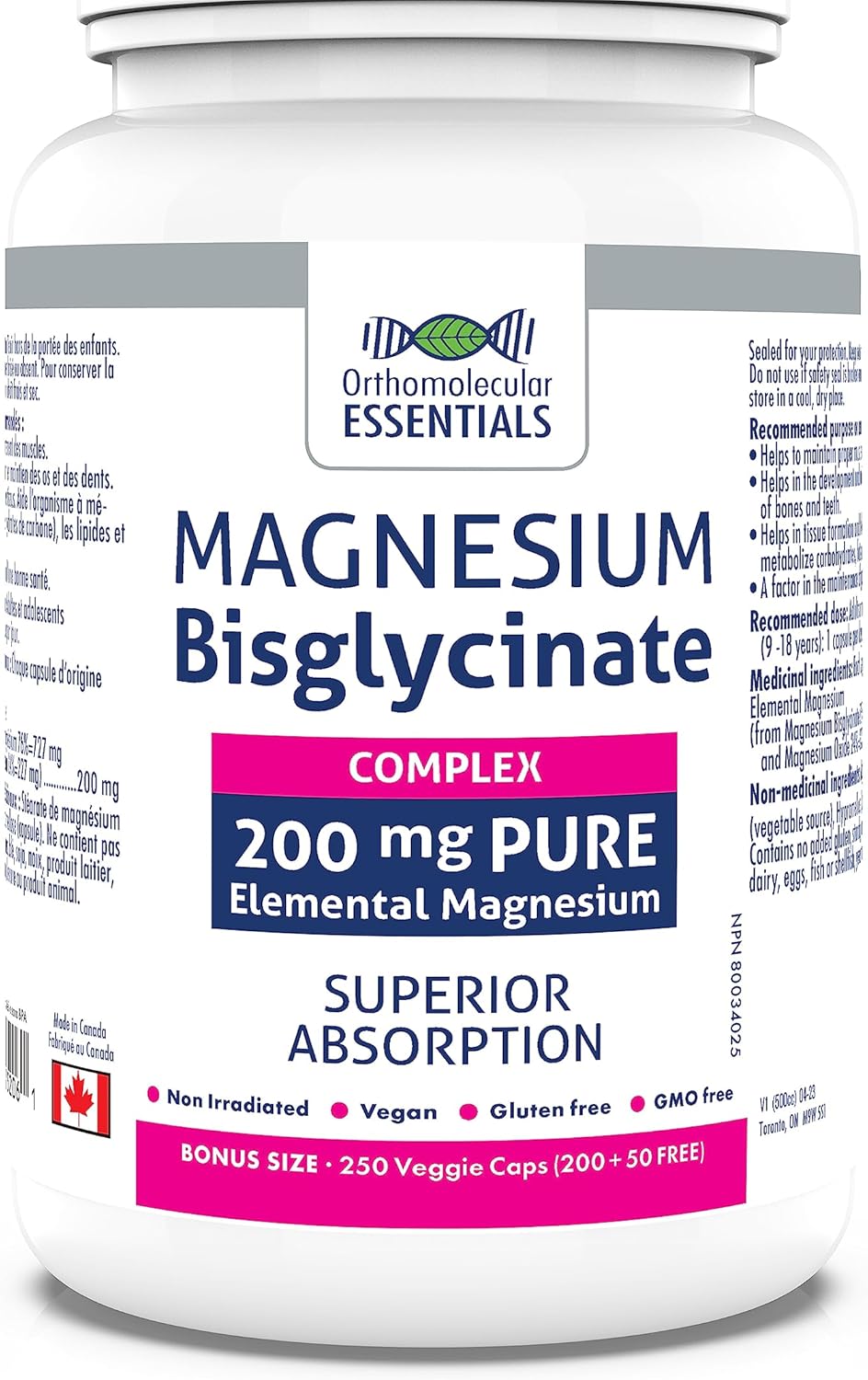 Orthomolecular Essentials – Magnesium Bisglycinate Complex 200mg, 250 Vegan Capsules (250-Day Supply) – Elemental Magnesium for Sleep, Bone Health & Nerve Function – Non-GMO & Gluten-Free