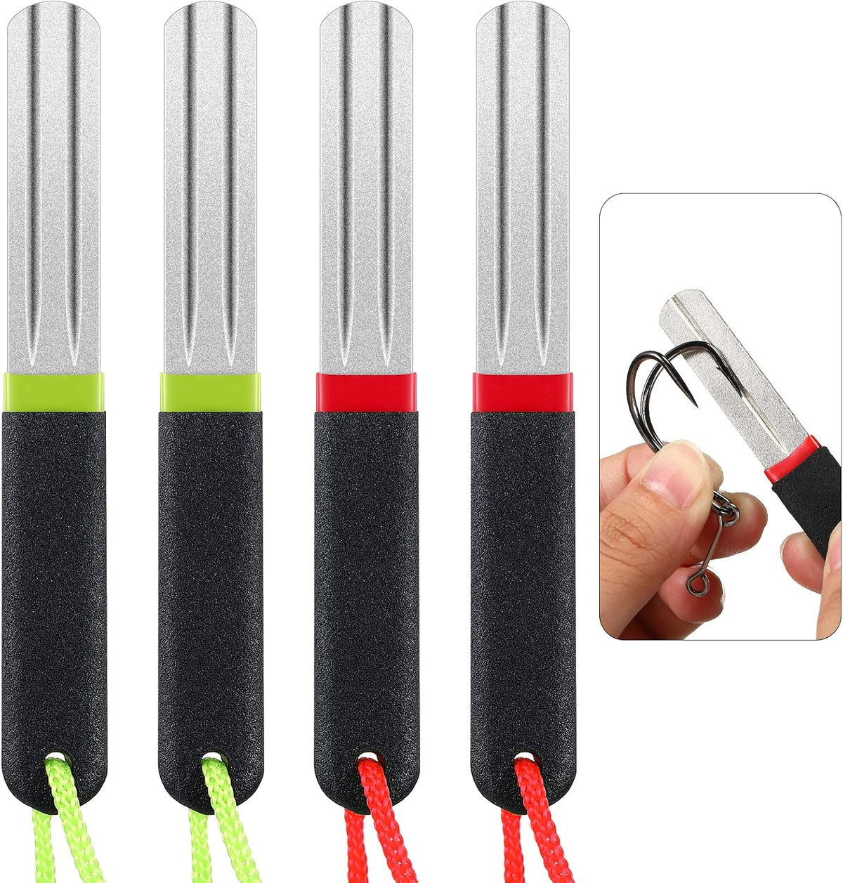 Hook Sharpener Hook File Set of 4 Diamond Fishing Hook File Portable Fish Hook Sharpeners with Double Sided Fine and Medium Grit for Saltwater Freshwater Ice Fishing Tools, 4 Inches