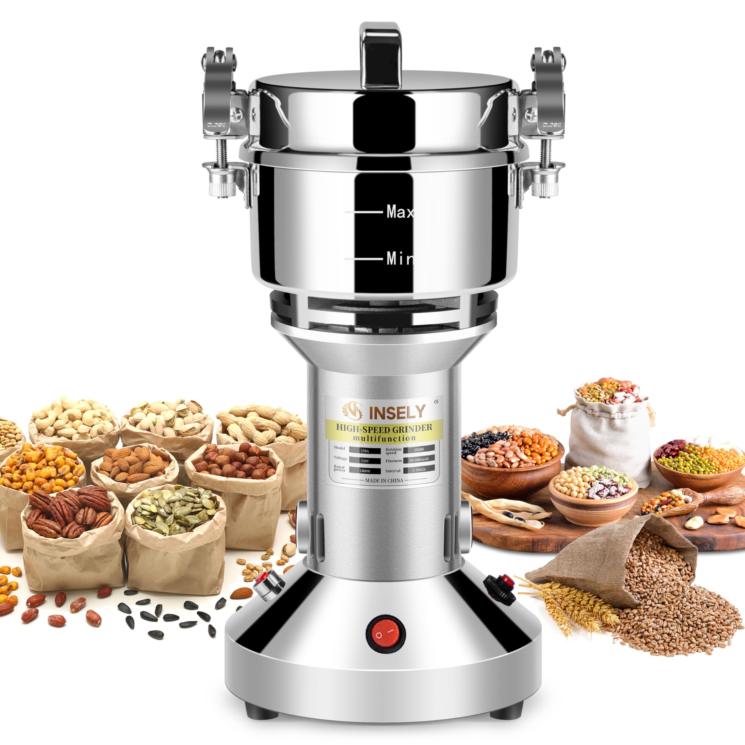 INSELY Grain Mill 150g, flour mill grinder for home, Electric Stainless Steel Grain Grinder for Wheat, Spices, coffee,Corn and Other Dry Food Grinders for Kitchen