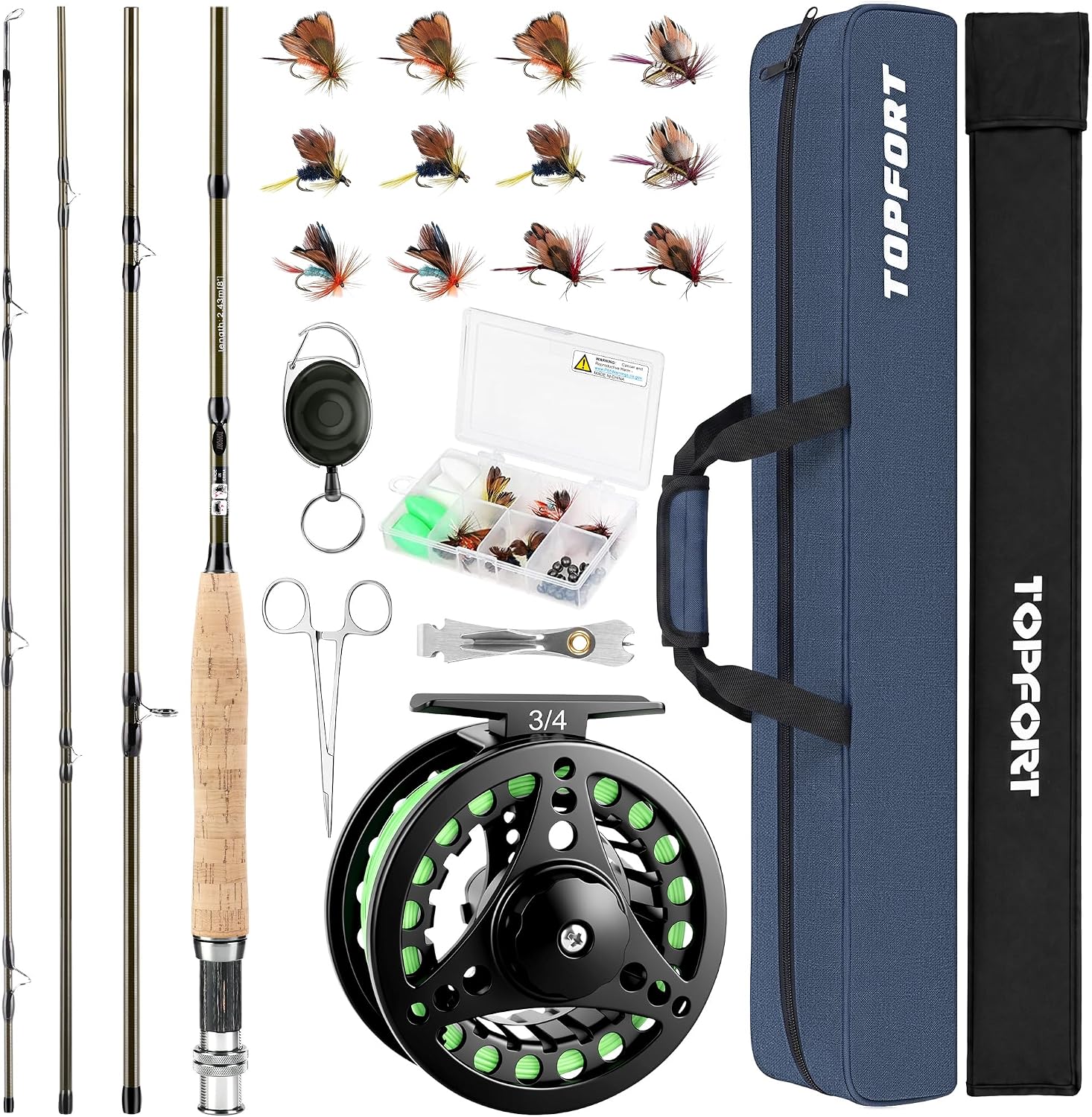TOPFORT Fly Fishing Rod and Reel Combo, 4-Piece Fly Rod Kit with Complete Fly Fishing Gear: Fly Rod, Pre-Spooled Fly Fishing Reel, Fishing Flies, Leader, Forceps, Nipper and Carrying Case