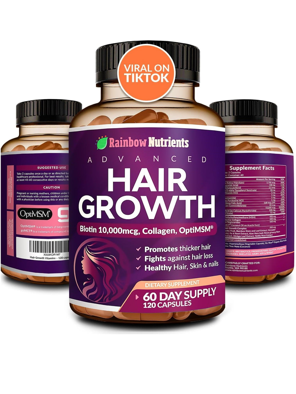 Hair Growth,| Biotina 10,000mcg, colágeno, OptiMSM® patentado, goMCT®, Saw Palmetto | Crecimiento naturalmente más fuerte y saludable cabello, piel y uñasVitaminas para el crecimiento del cabello para mujeres 120 cápsulas, PPU