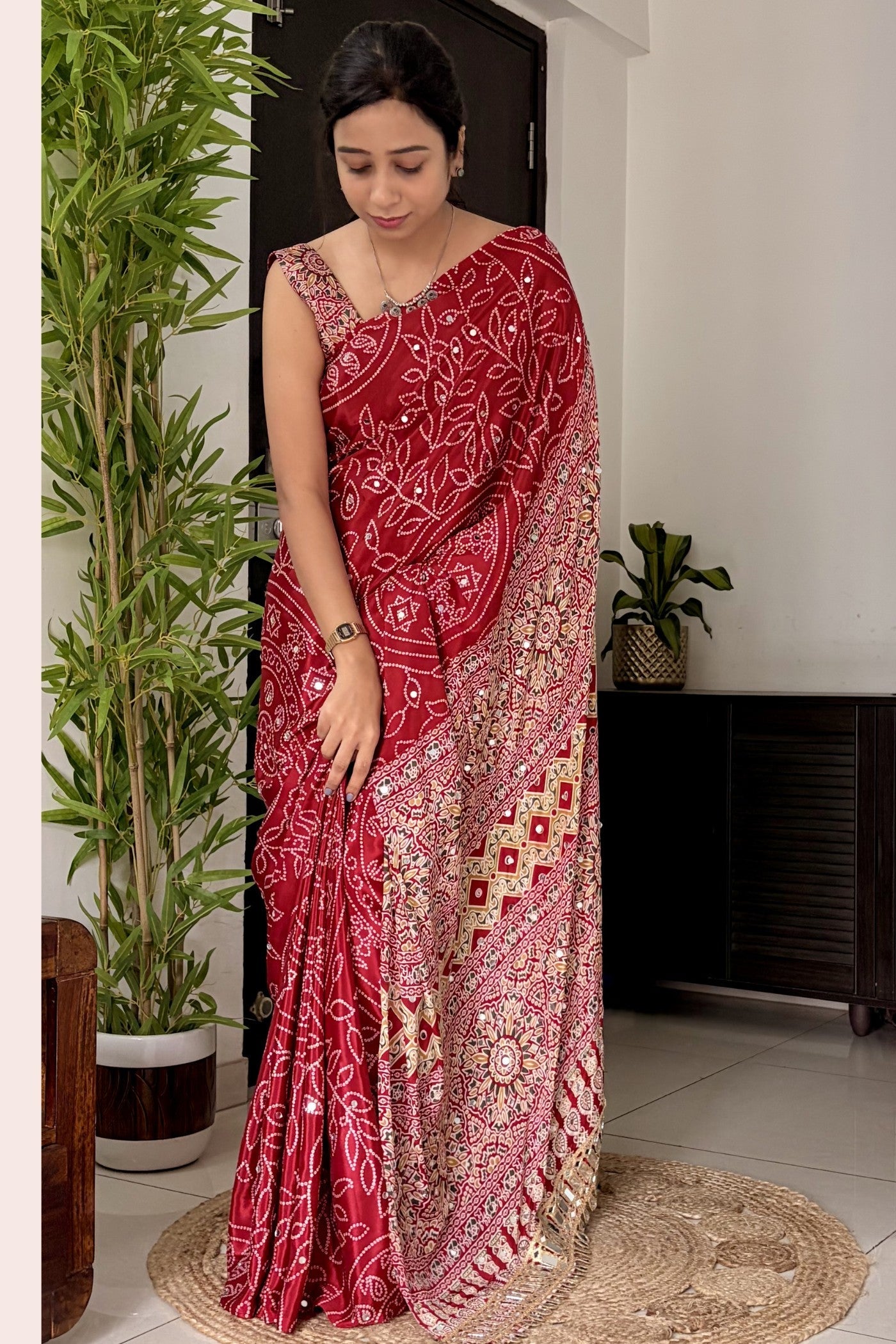 Bittersweet Red Modal Ajrakh Satin Printed Mirror Work Saree