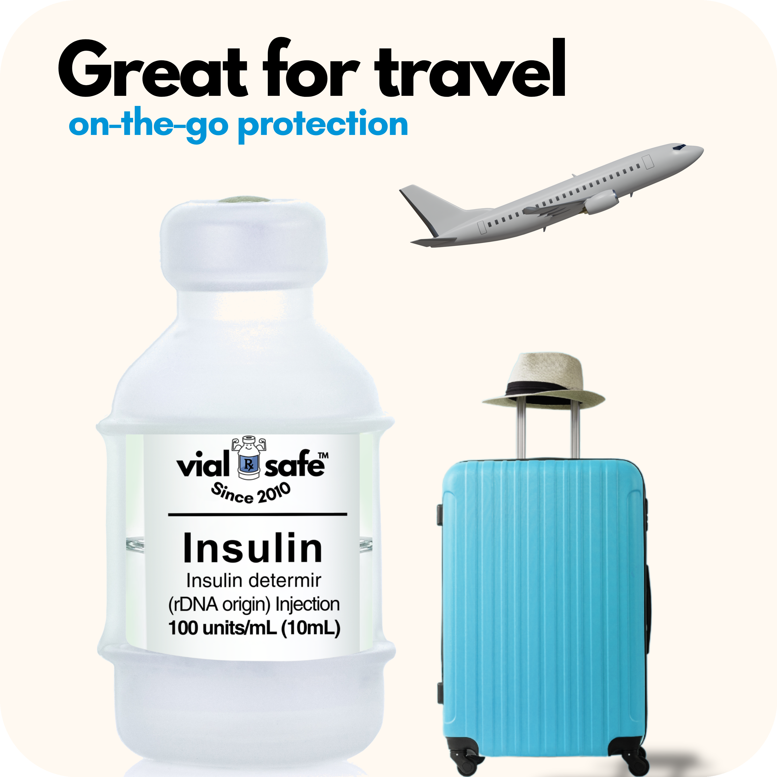 Clear color Vial Safe insulin vial protector, Pink suitcase, and airplane with 'vial safe' branding on a white background.