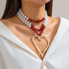 Triple Layered Chunky Heart Pearl Necklace