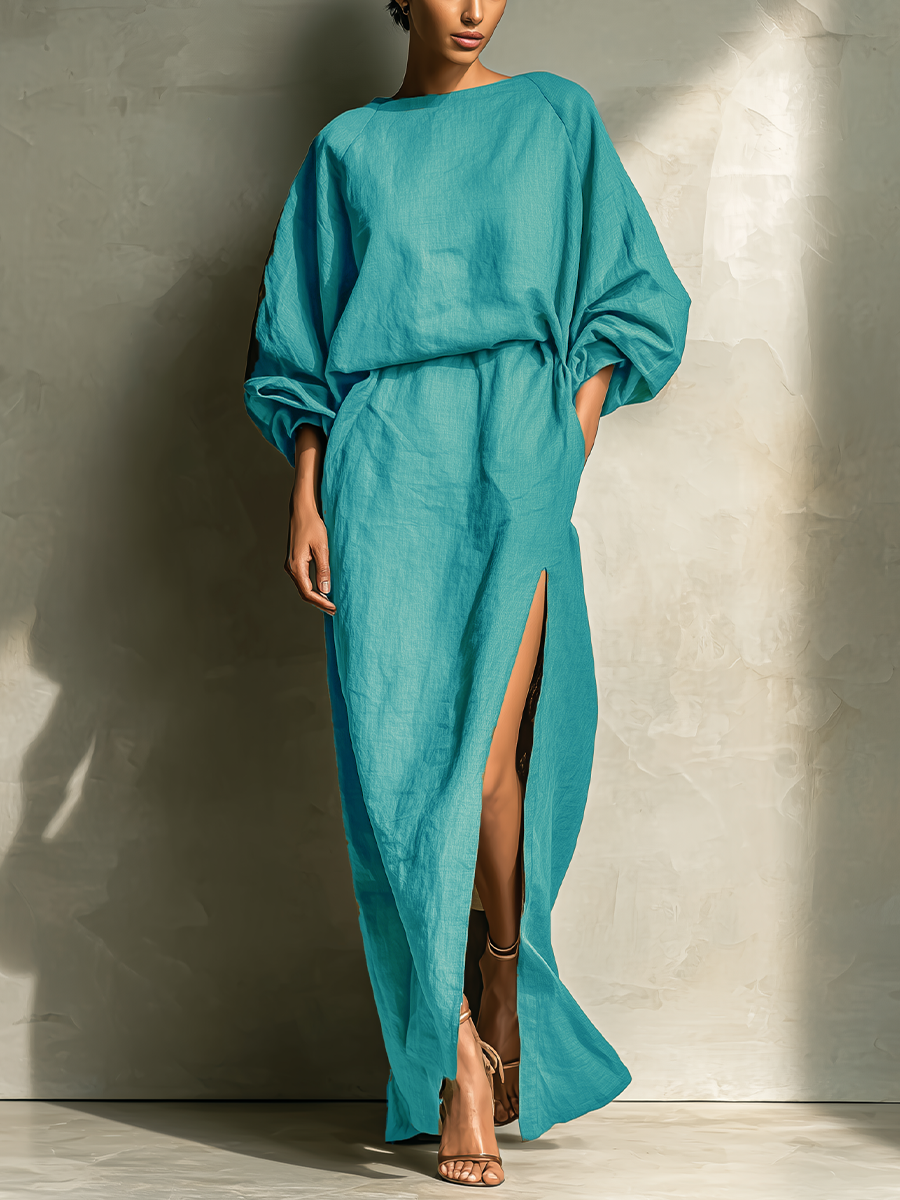 Women's Turquoise Linen Fabric Oversized-Sleeve Maxi Dress With Tie Waist & High Slit MDZ1211A9T