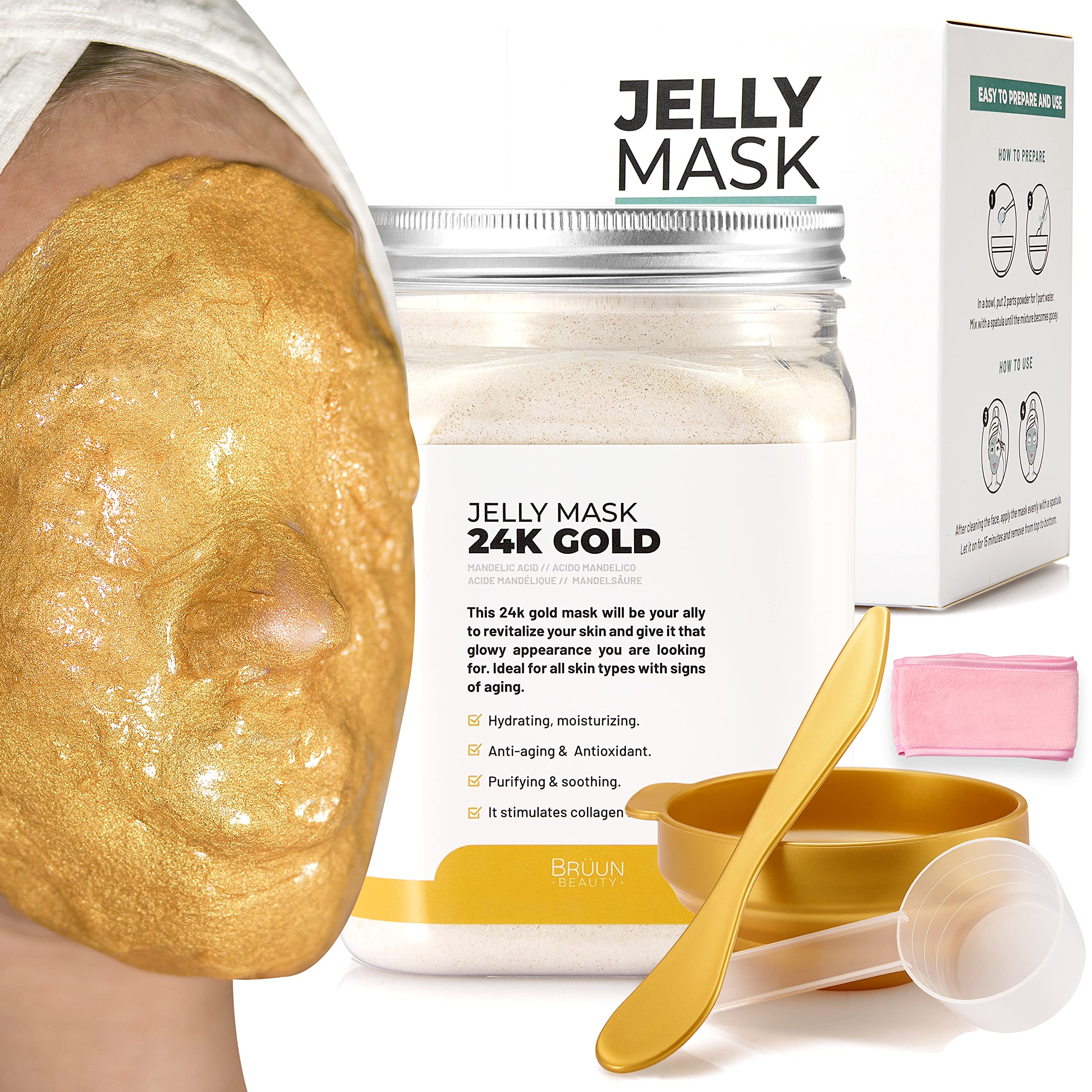 BRAUN Jelly Mask Jar 24k gold Mandelic Ac AHA Peel-Off Face care Rubber Mask  23 fl oz Skin care Moisturizing gel Mask Jar Spa S