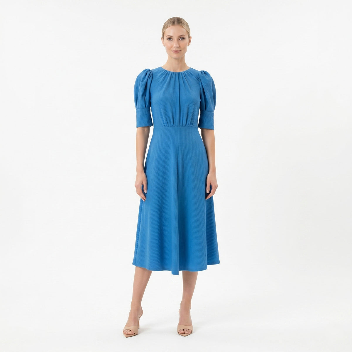 BLUE PUFF SLEEVE MIDI DRESS – HIGH NECK A-LINE ELEGANT OCCASION DRESS