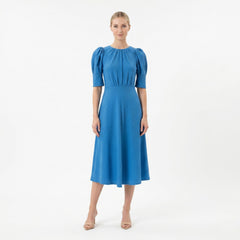 BLUE PUFF SLEEVE MIDI DRESS – HIGH NECK A-LINE ELEGANT OCCASION DRESS
