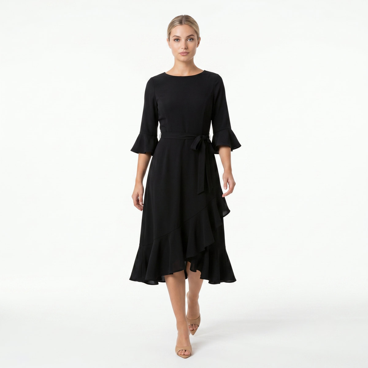 BLACK MIDI DRESS – ELEGANT 3/4 SLEEVE A-LINE DRESS WITH ASYMMETRICAL RUFFLE HEM & TIE WAIST