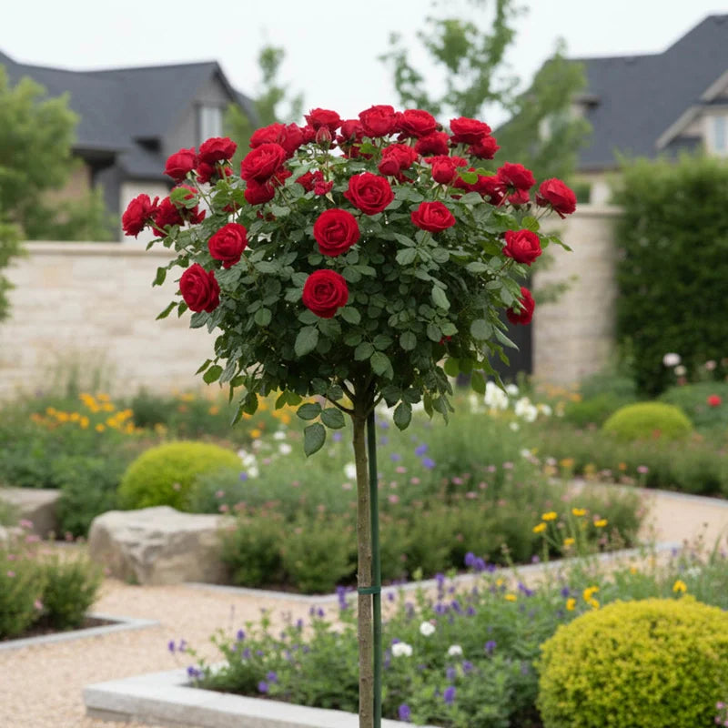 Mister lincoln hybrid tea rose tree with vibrant red blooms and lush green foliage in a compact tree form