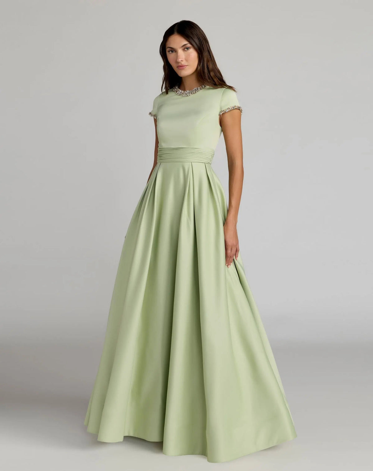 Petite Green Embellished Satin Cap Sleeve Ball Gown - Ieena for Mac Duggal