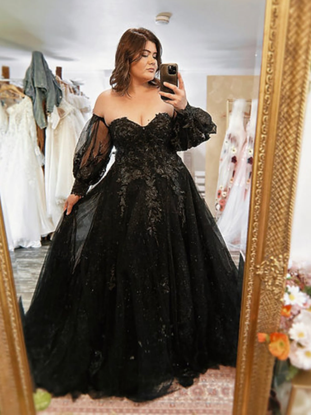 Plus Size Black Lace Wedding Dress Gothic Long Sleeve Off Shoulder Bridal Dress Ms2503272