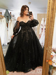 Plus Size Black Lace Wedding Dress Gothic Long Sleeve Off Shoulder Bridal Dress Ms2503272