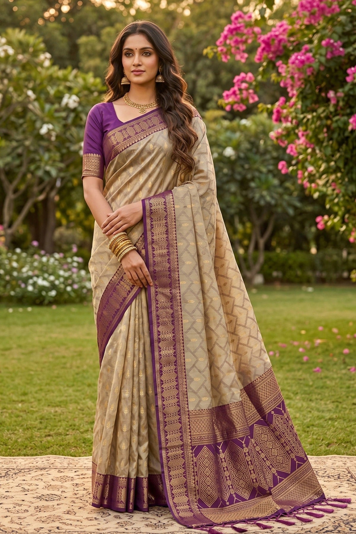 Antique Cream and Purple Woven Banarasi Cotton Saree