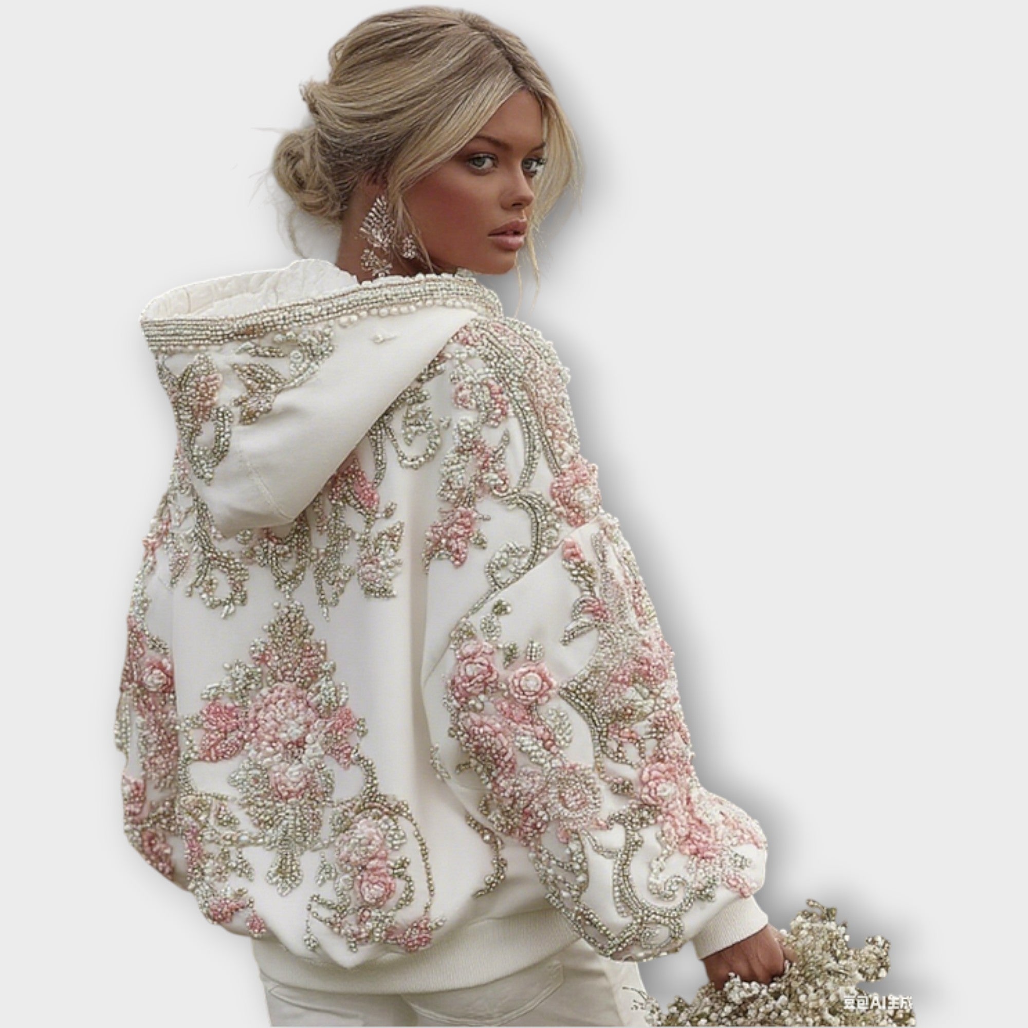 Opulent Pink Couture Hoodie with Pearl Accents