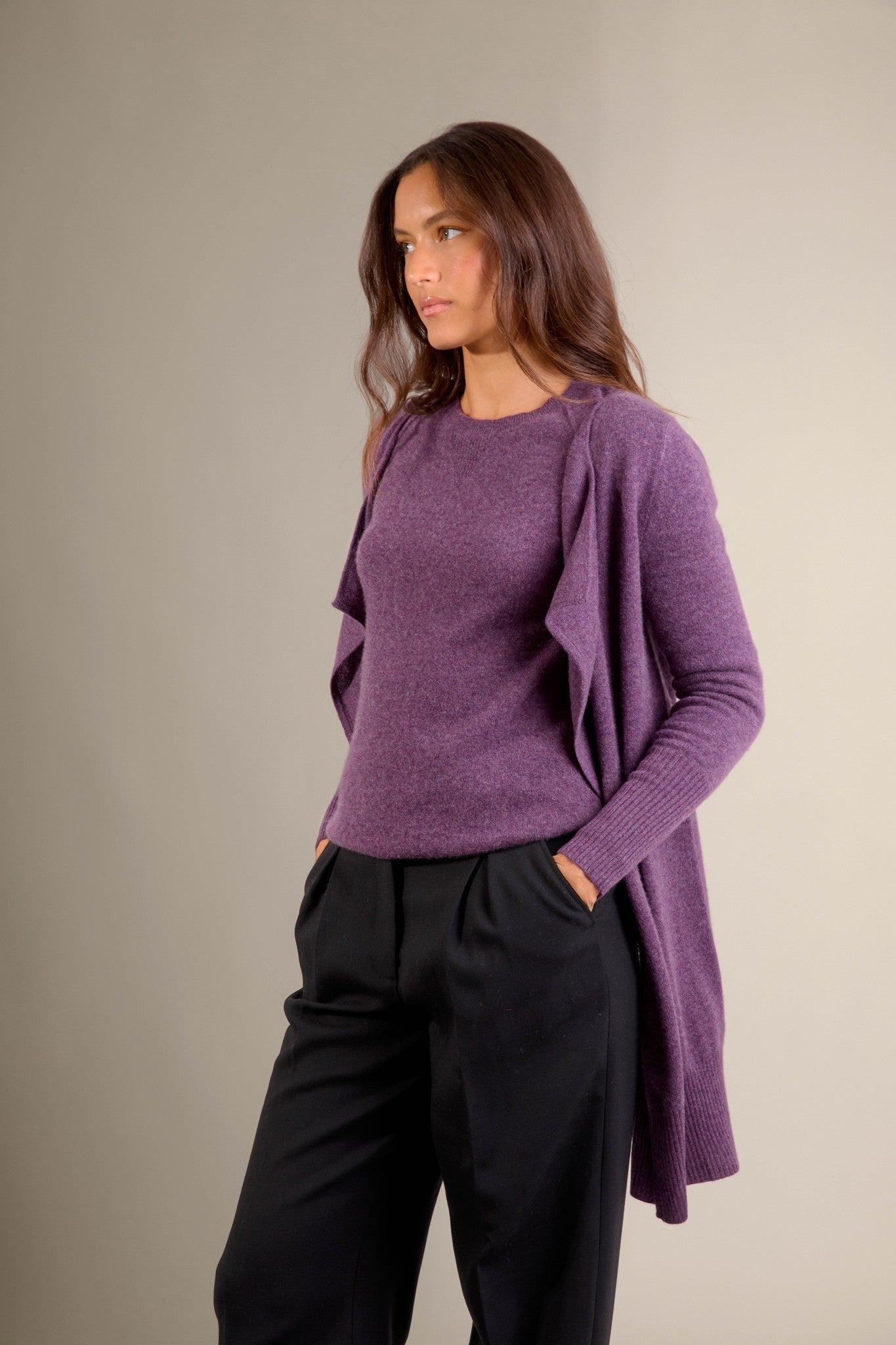 abigail veste longue violet chiné 100% cachemire