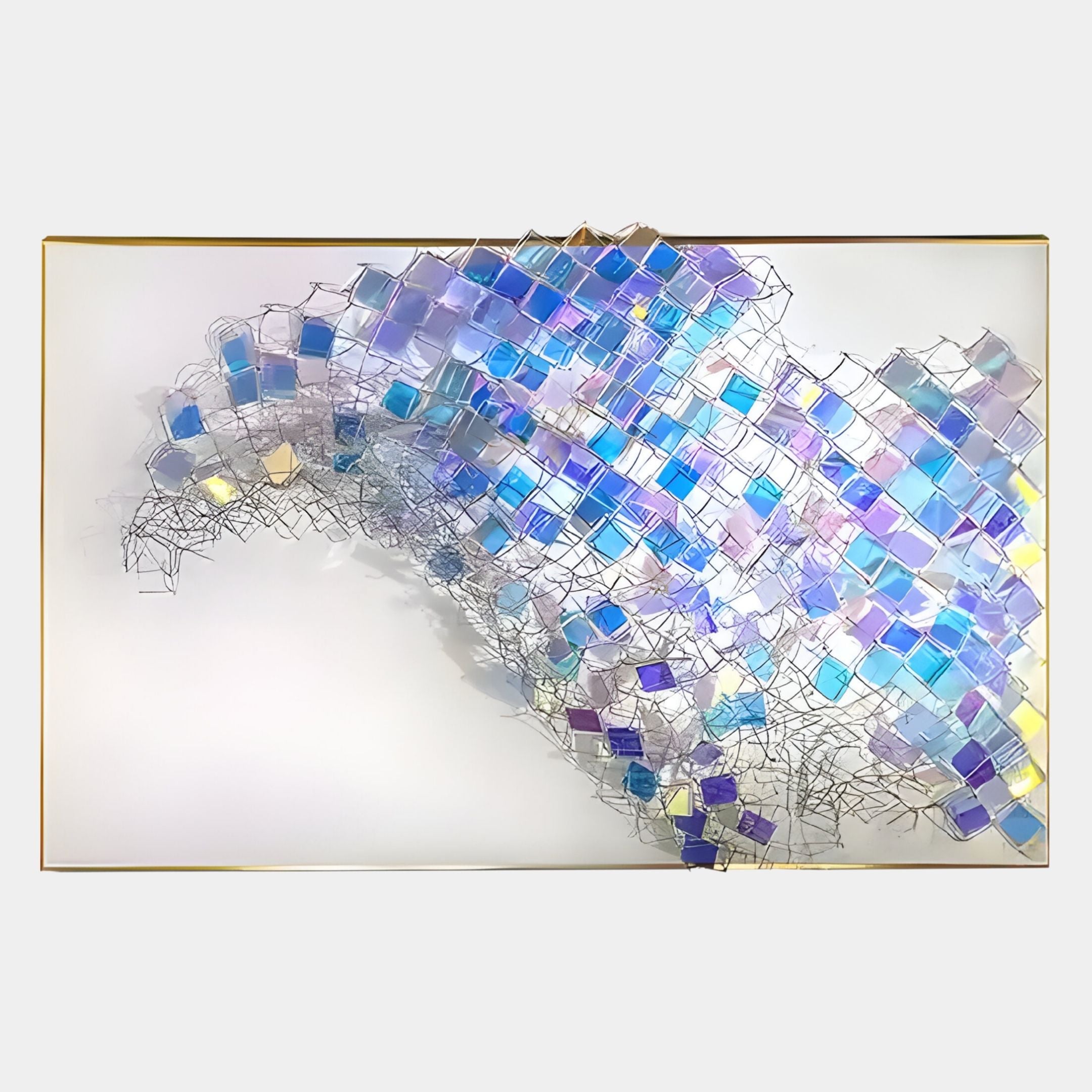 The Prismara Azure Wave Iridescent Mesh 3D Acrylic Wall Art by Giant Sculptures features translucent squares in a wave pattern linked by thin wire, all set in a slim gold frame against a white background.