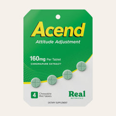 Packaging of Acend dietary supplement with green and yellow design#160mg_4ct