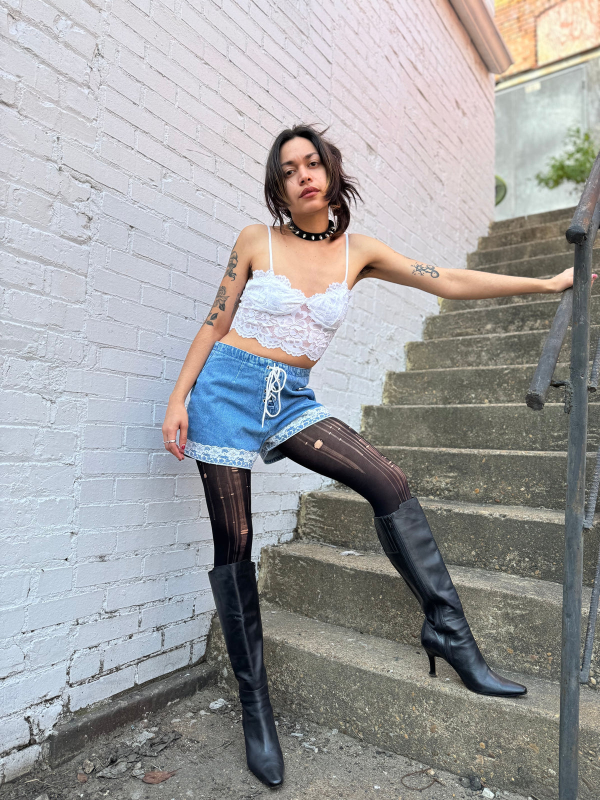 80s Deadstock Denim Lolita Shorts w White Ties