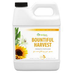 Bountiful Harvest Prebiotic liquid concentrate fertilizer for plant growth and health, suitable for fruits, vegetables, flowers, potted plants, lawns, trees, and shrubs.