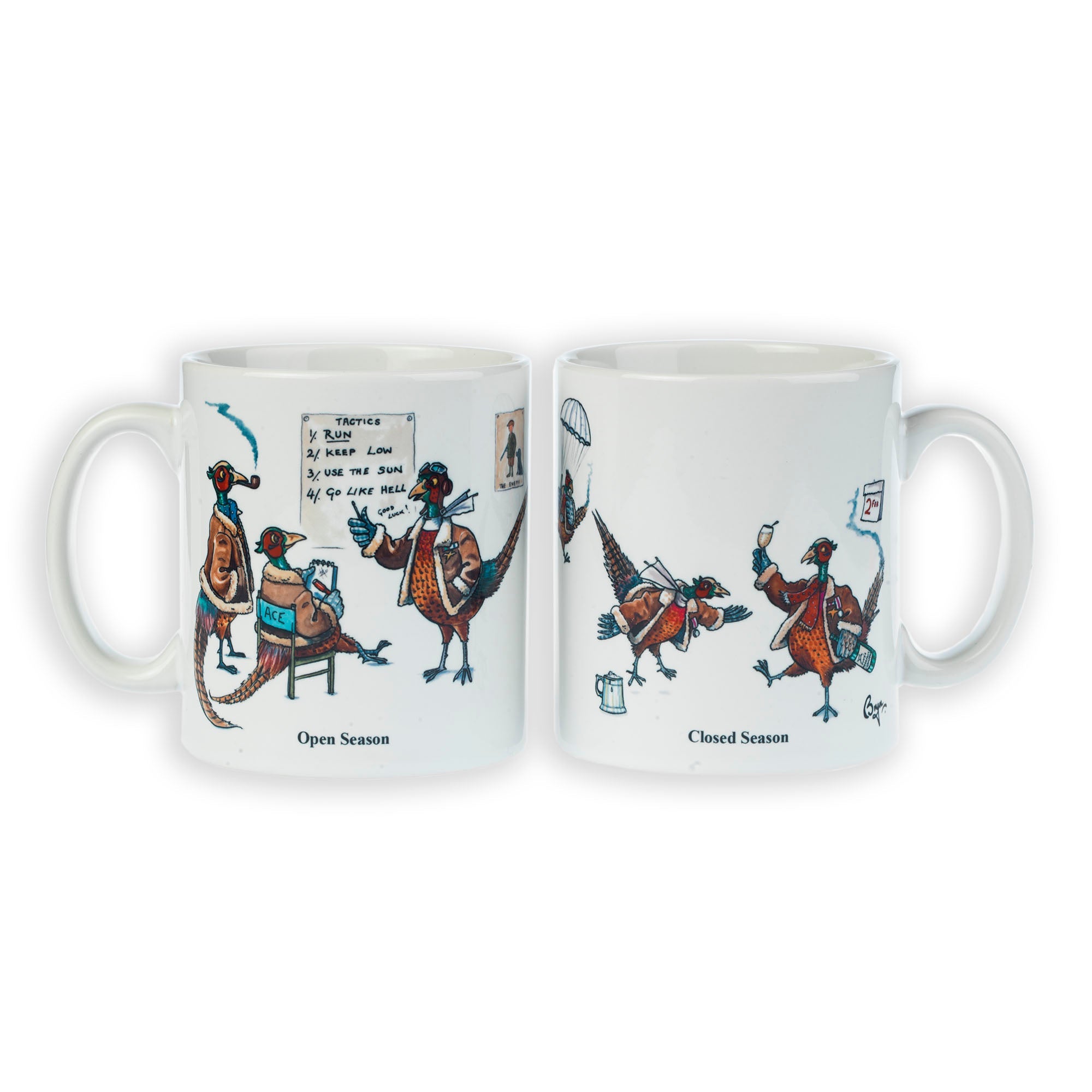 Set of two white ceramic Pheasant Shooting Mugs (Open Season Closed Season) by Bryn Parry from CountrysideGreetings, featuring cartoon pheasants as teachers and students on one side, and celebrating on the other. Dishwasher safe.