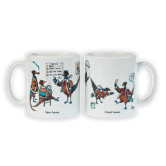 Set of two white ceramic Pheasant Shooting Mugs (Open Season Closed Season) by Bryn Parry from CountrysideGreetings, featuring cartoon pheasants as teachers and students on one side, and celebrating on the other. Dishwasher safe.