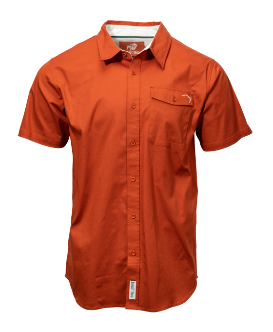 Buffalo Trace Orange Woven Short Sleeve Button Up – premium orange woven shirt with Buffalo Trace logo