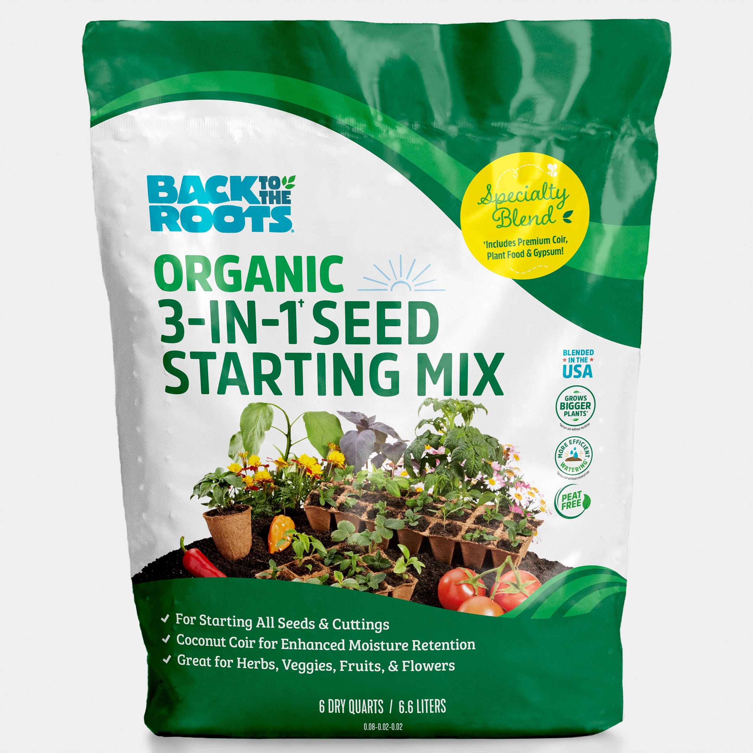 Green and white bag of Back to the Roots Organic 3-in-1 Seed Starting Mix with plant illustrations. - Organic Seed Starting Mix Specialty Blend (6 QT) - Default Title - Back to the Roots