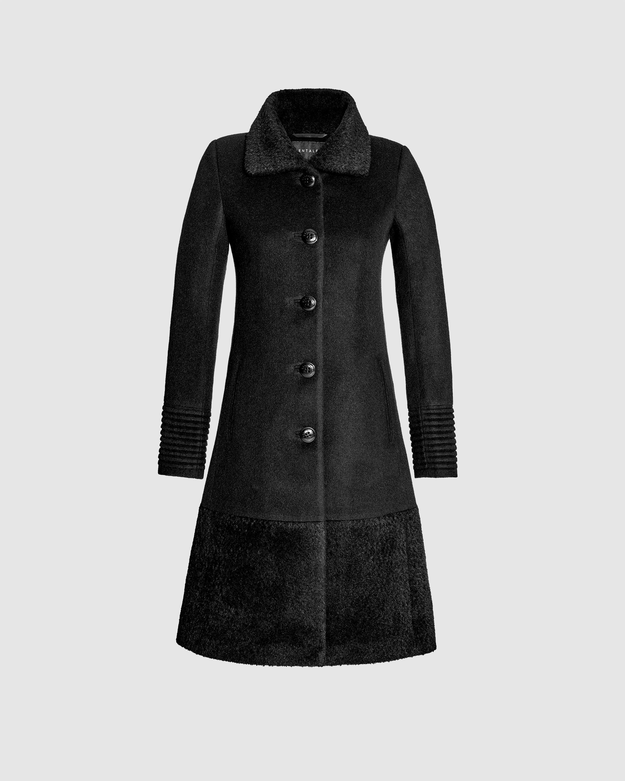 SENTALER Empire Waist A-line Coat with Bouclé Collar and Trim in Black, Baby Alpaca — off-figure, worn buttoned.