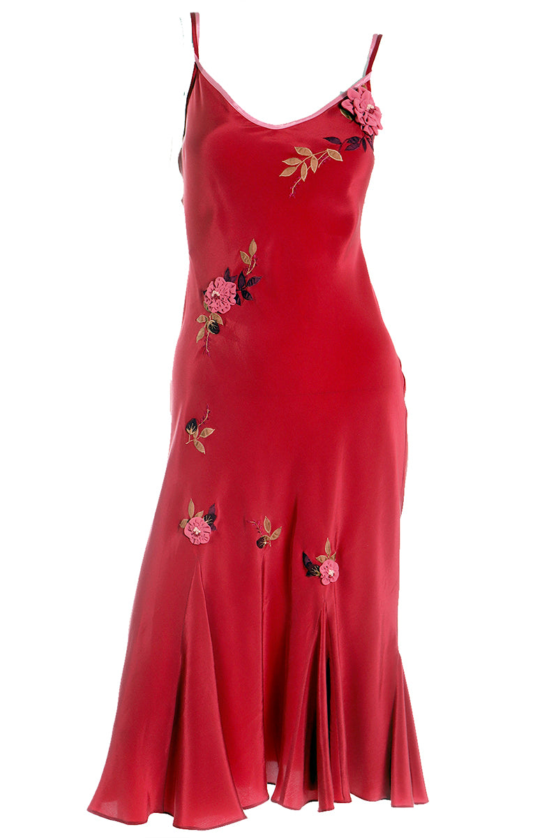 1990s Betsey Johnson Bias Cut Red Slip Dress w Pink Flowers & Embroidery
