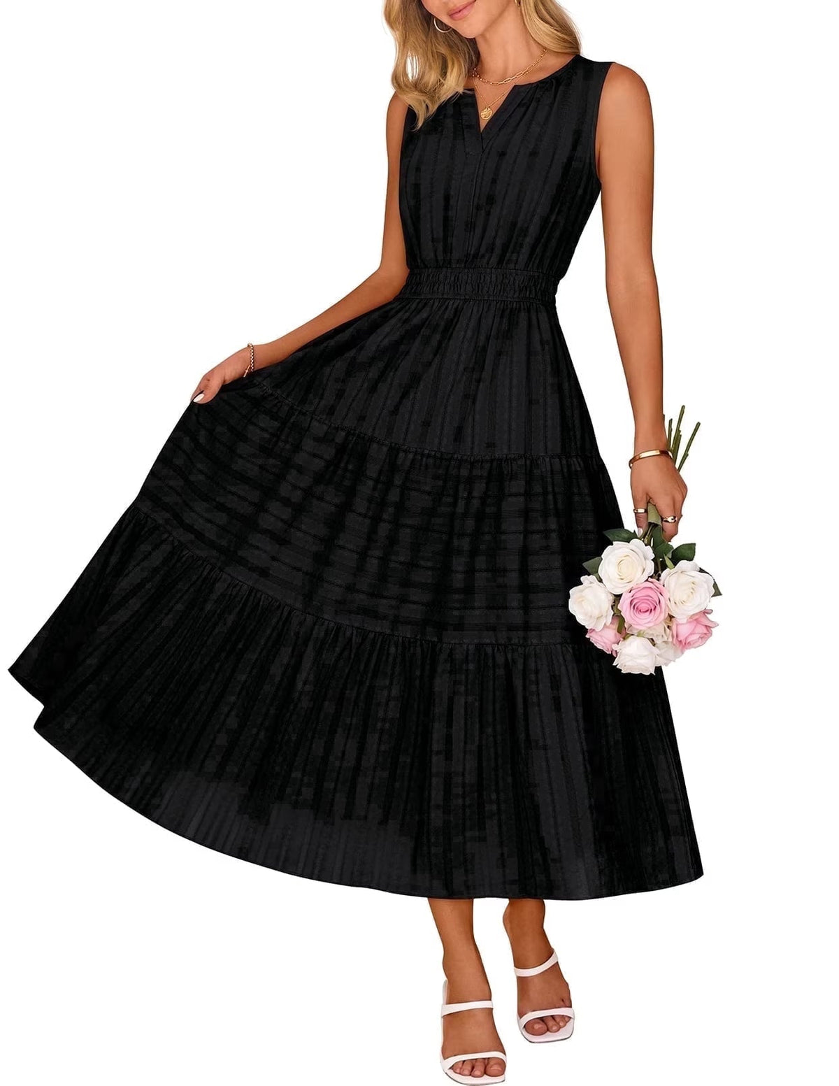 Merokeety Summer Dress for Women Boho V Neck Cotton Modest Long Dresses with Pockets