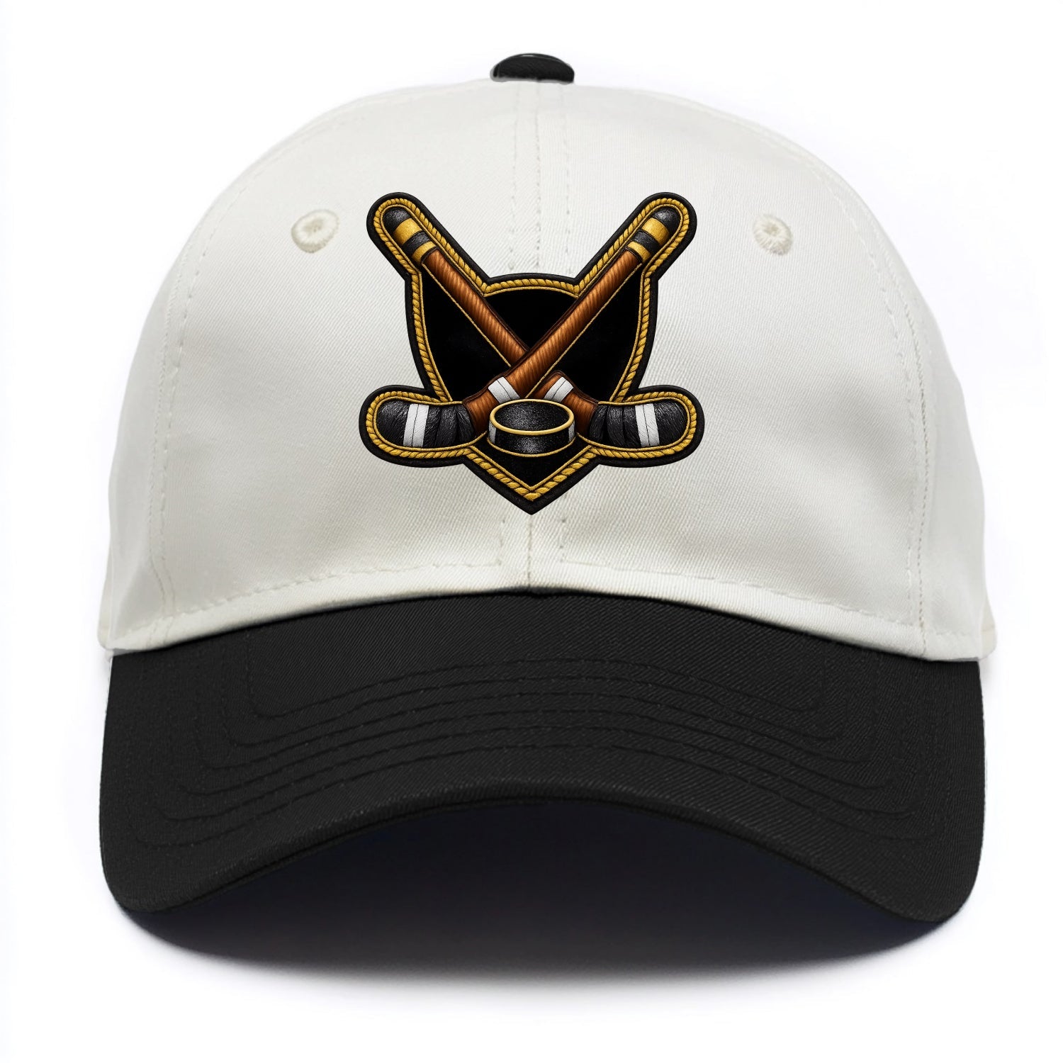 Embroidered patch design - HOCKEY CROSSED STICKS - ice hockey sticks with puck in - Two Tone Cap - Black