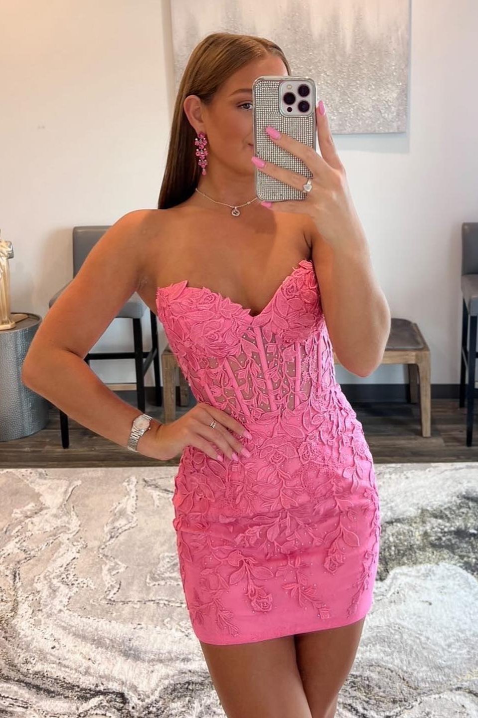 Bodycon Sweetheart Hot Pink Short Homecoming Dresses with Appliques VK071203