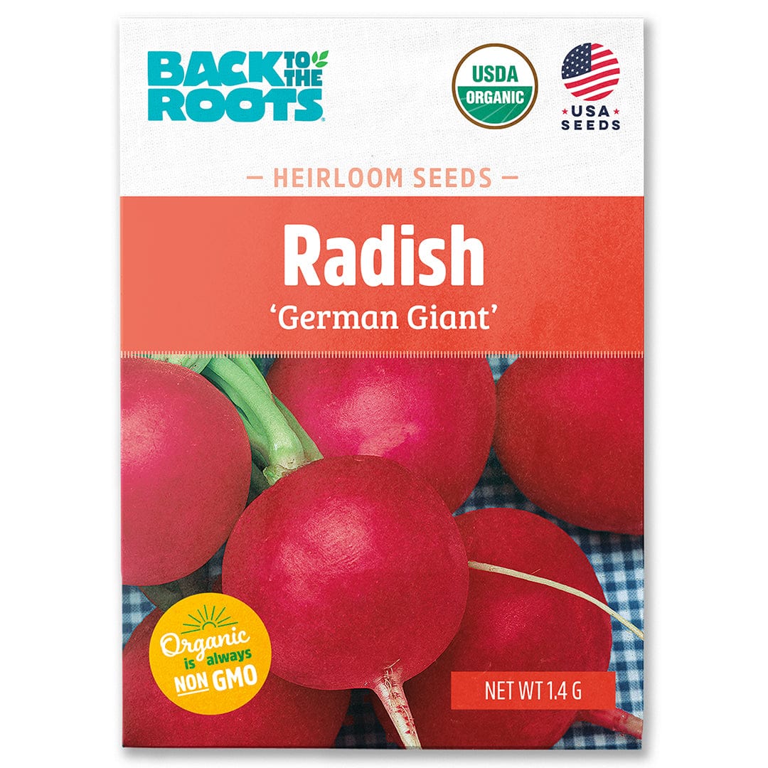 Packet of Organic Radish 'German Giant' seeds with bright red radishes on blue checkered cloth background. - Organic Radish Seeds — 'German Giant' - Default Title - Back to the Roots