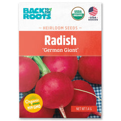 Packet of Organic Radish 'German Giant' seeds with bright red radishes on blue checkered cloth background. - Organic Radish Seeds — 'German Giant' - Default Title - Back to the Roots