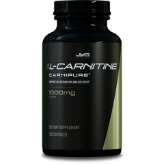 Black JYM L-Carnitine L-Tartrate bottle, front label showing Carnipure, 1000mg per serving, 120 capsules.
