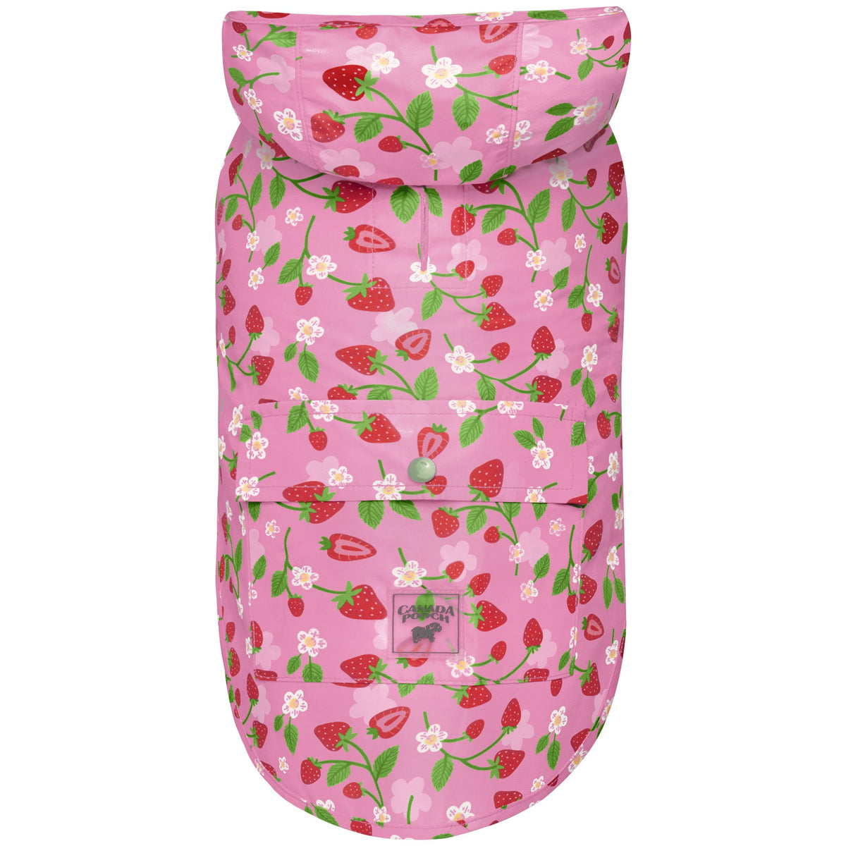 Canada Pooch Pick Me Poncho - Strawberries | Front Image of Pink Strawberry Raincoat