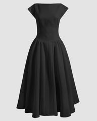 Front view of Black cap sleeve fit and flare midi dress with cinched waist and flowing A-line skirt, styled for elegant or evening wear.