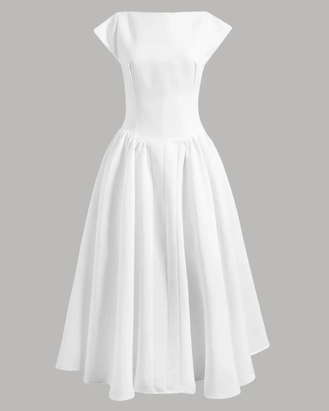 Front view of White cap sleeve fit and flare midi dress with tailored bodice and flowing A-line skirt on a plain background.